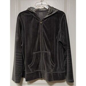 Three Hearts Womens Velour Full Zip Hoodie Jacket Leopard Print Hood Sz L